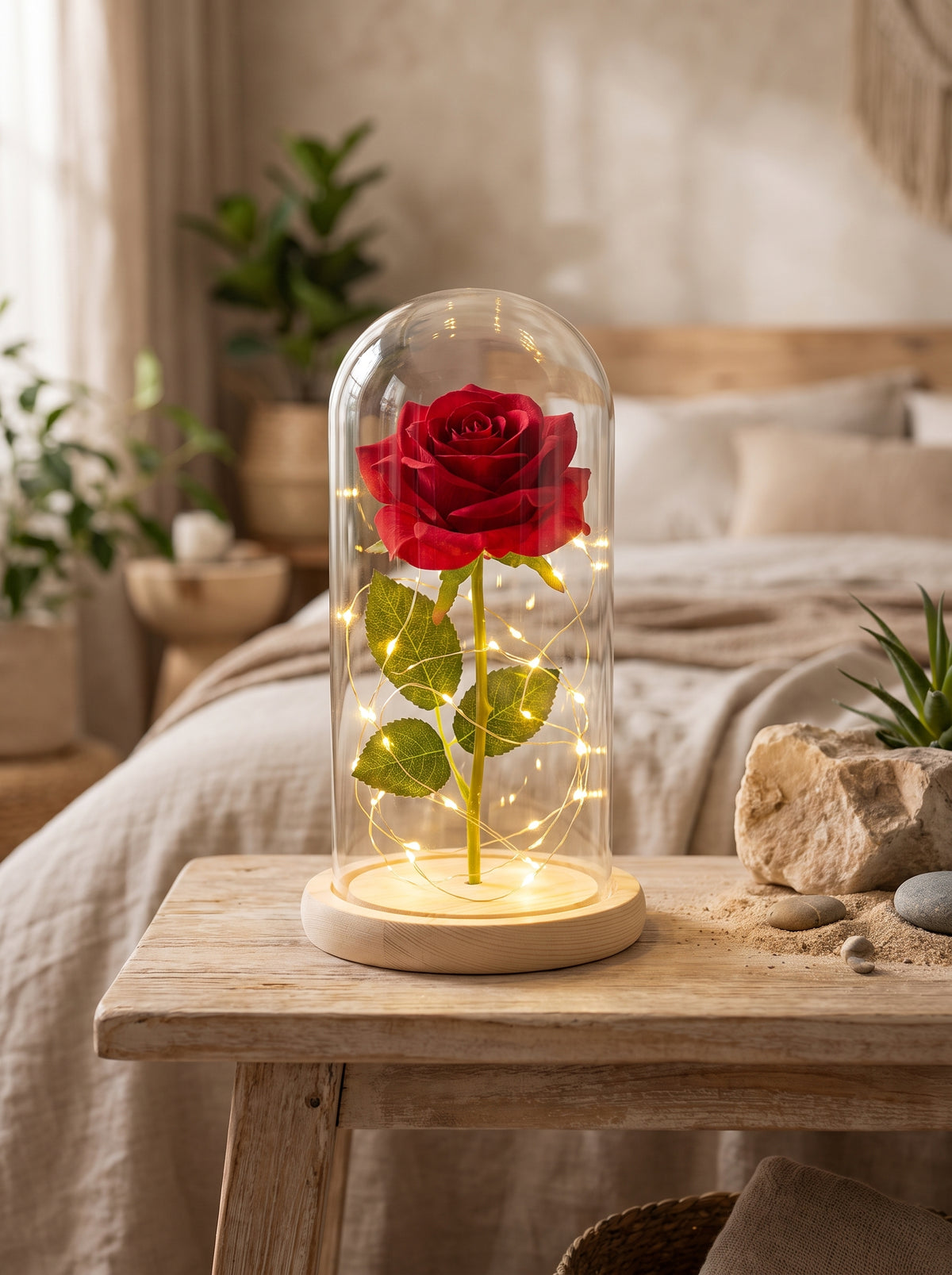 Rose eternelle rouge sous cloche LED sur une table de chevet cosy