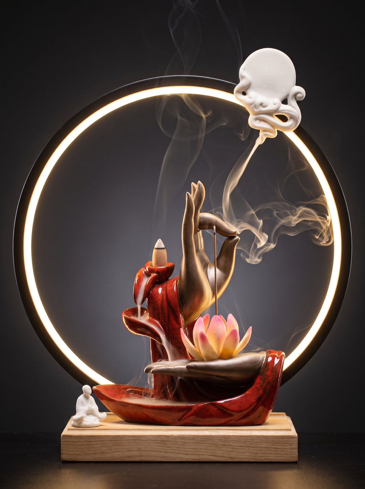 Porte-encens à reflux Karana Mudra lumineux, main de Bouddha, lotus et anneau LED