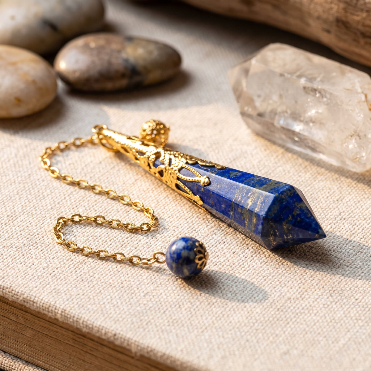 Pendule de radiesthésie en lapis-lazuli, gros plan