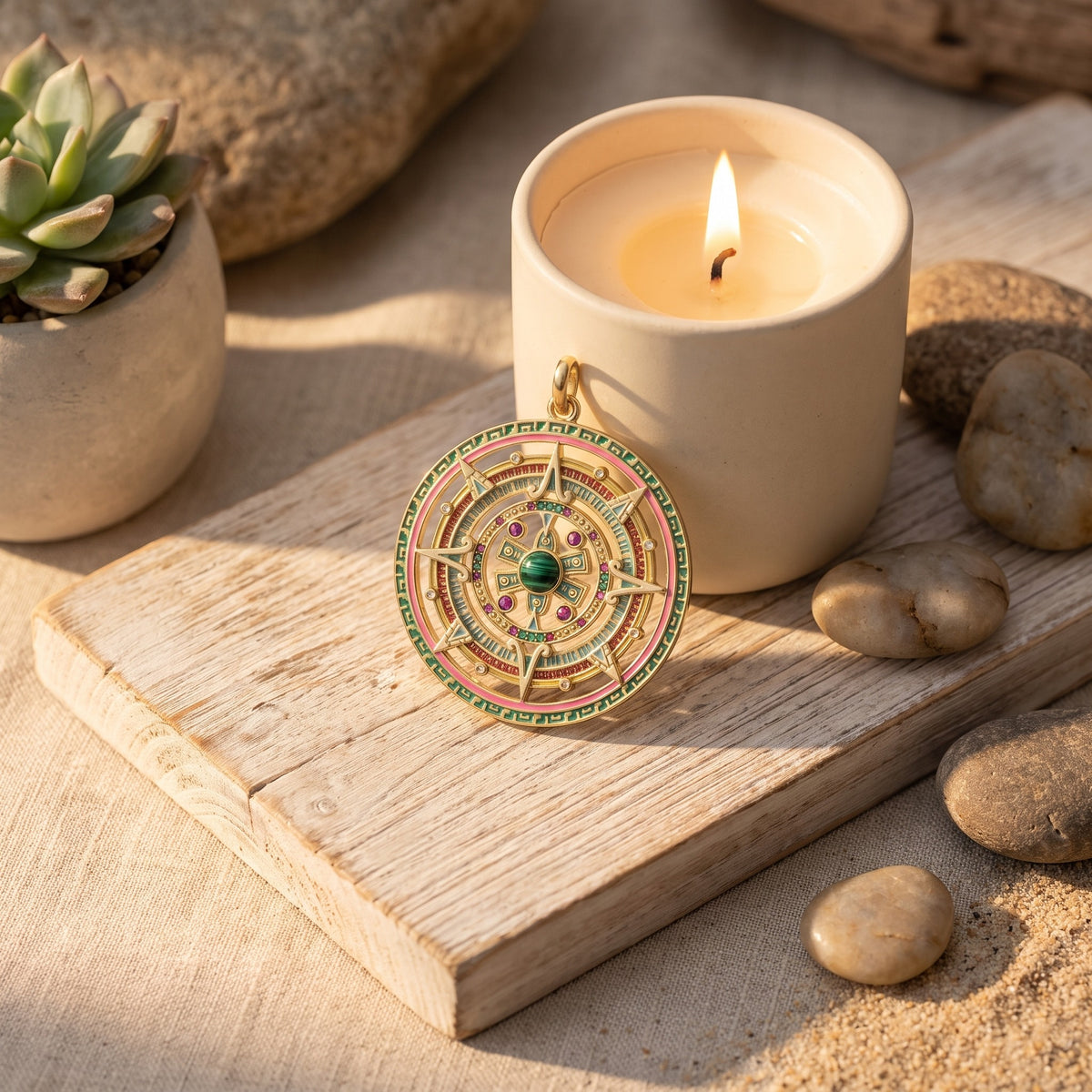 Pendentif Aztèque 5ème Soleil, Malachite