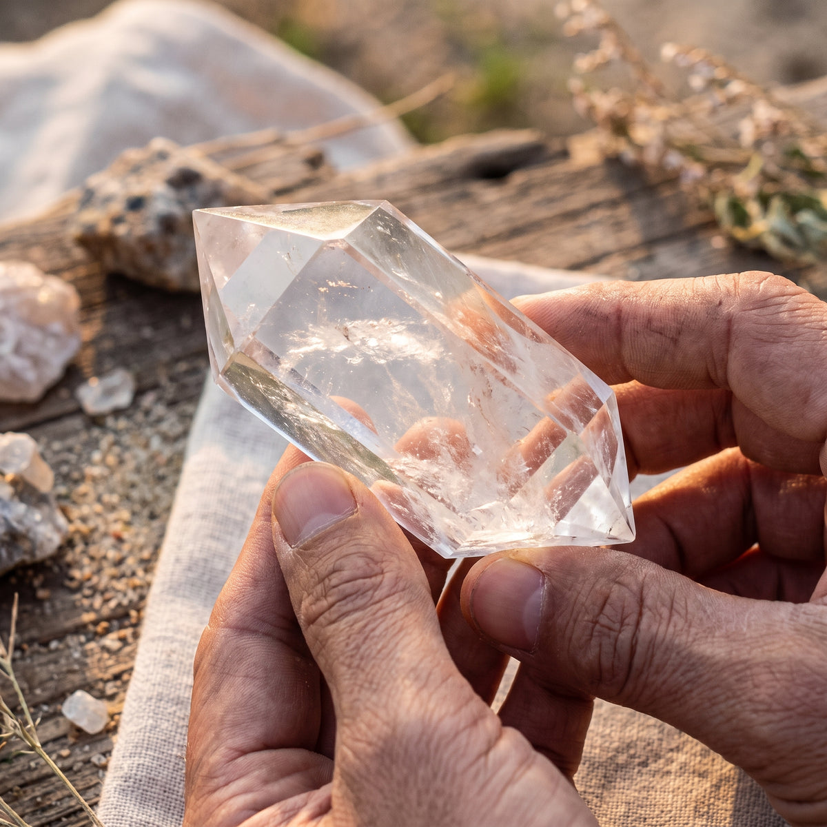 Cristal de roche biterminé, gros plan de la transparence