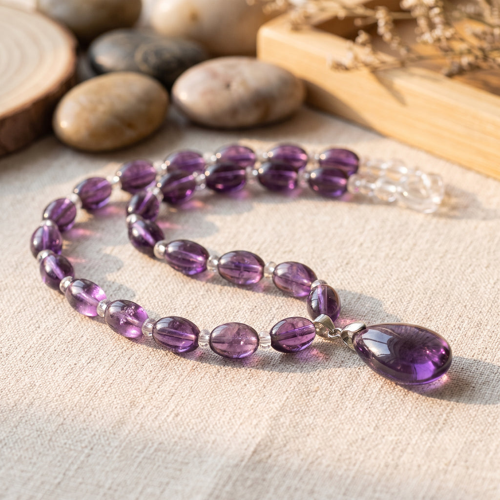 Pendentif goutte et perles de cristal violet, gros plan