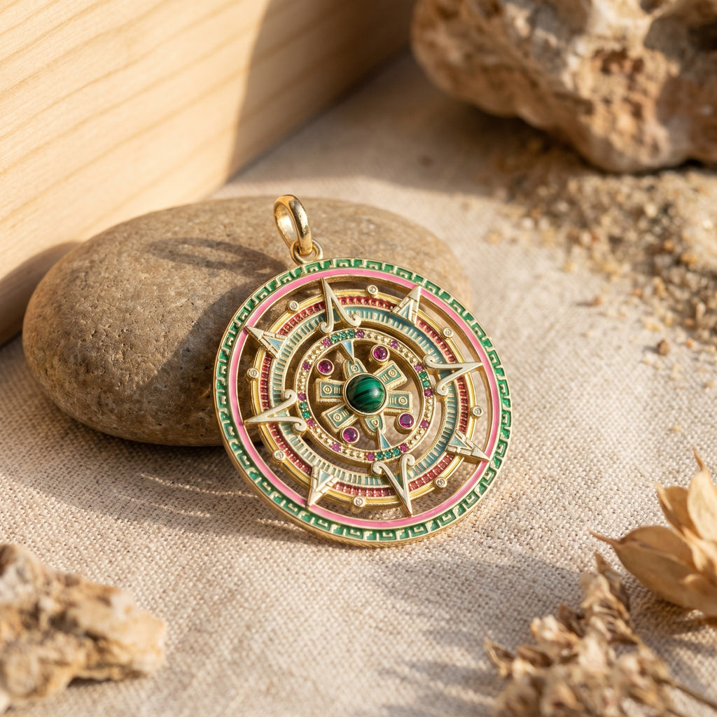 Pendentif Aztèque 5ème Soleil, Malachite