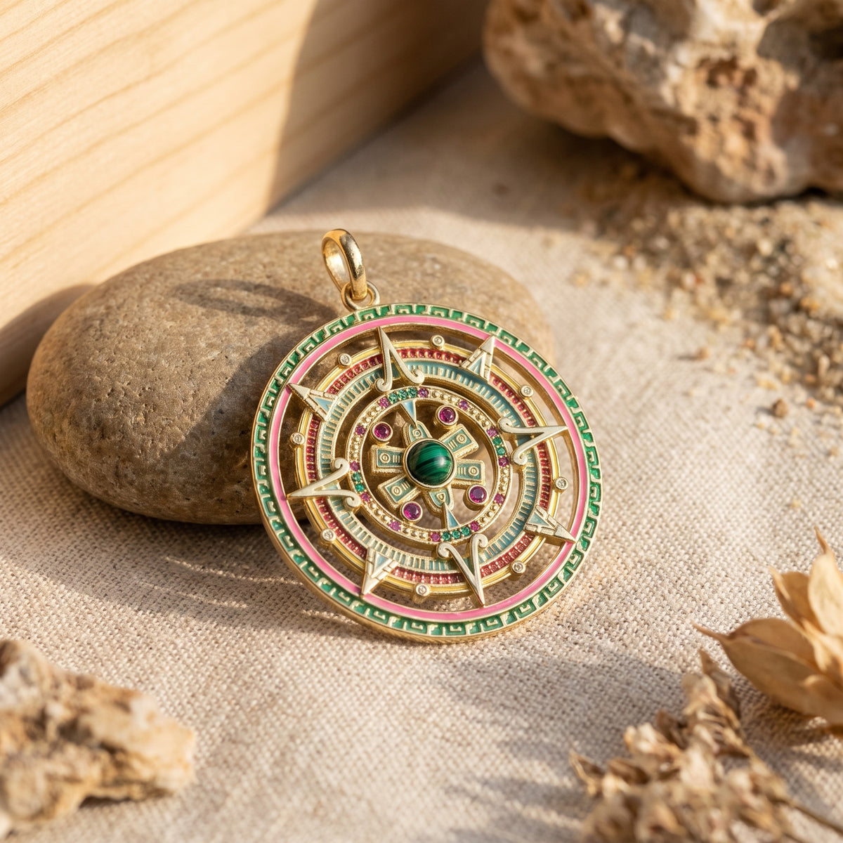 Pendentif Aztèque 5ème Soleil, Malachite