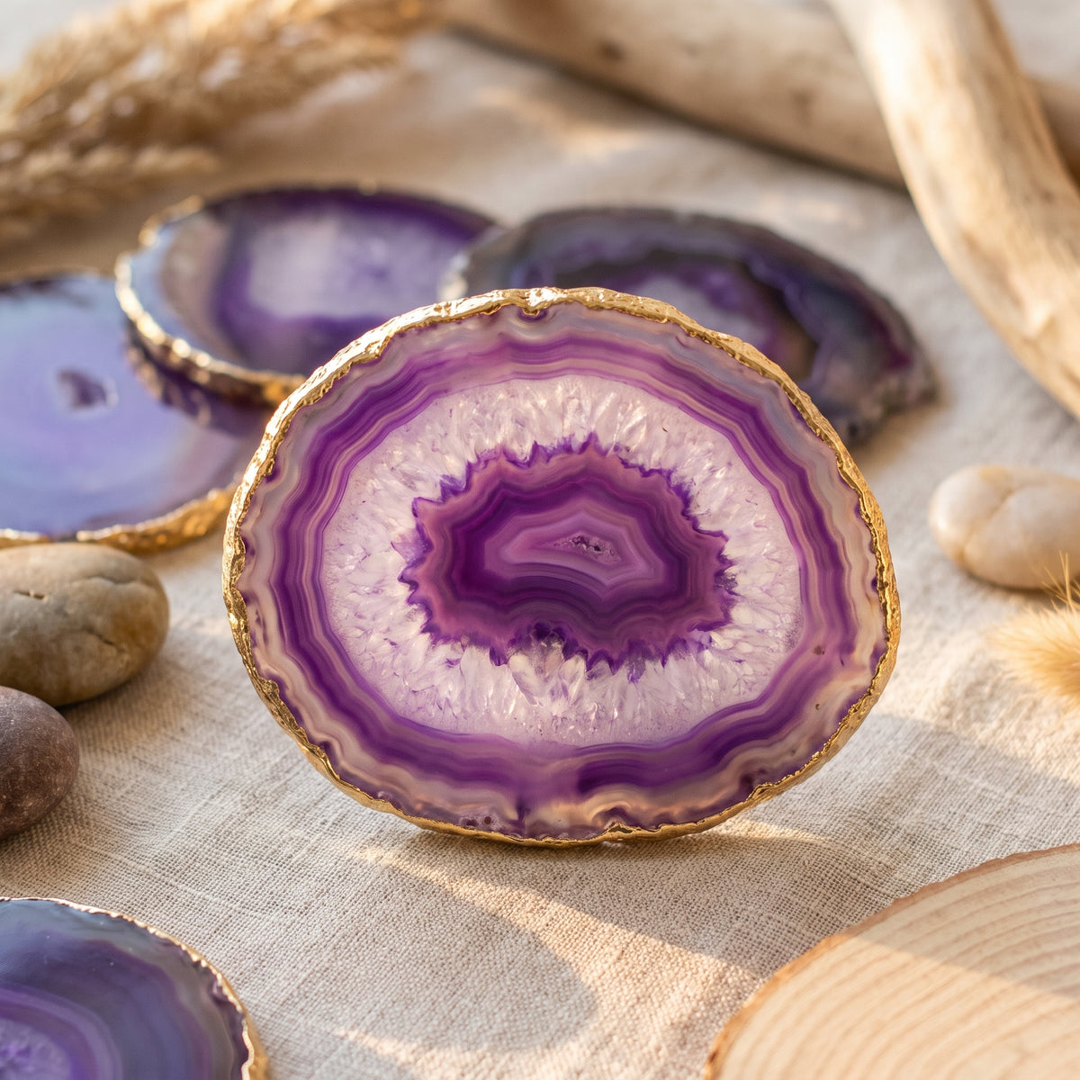 Dessous de verre en agate violette, bandes concentriques et contour doré, gros plan