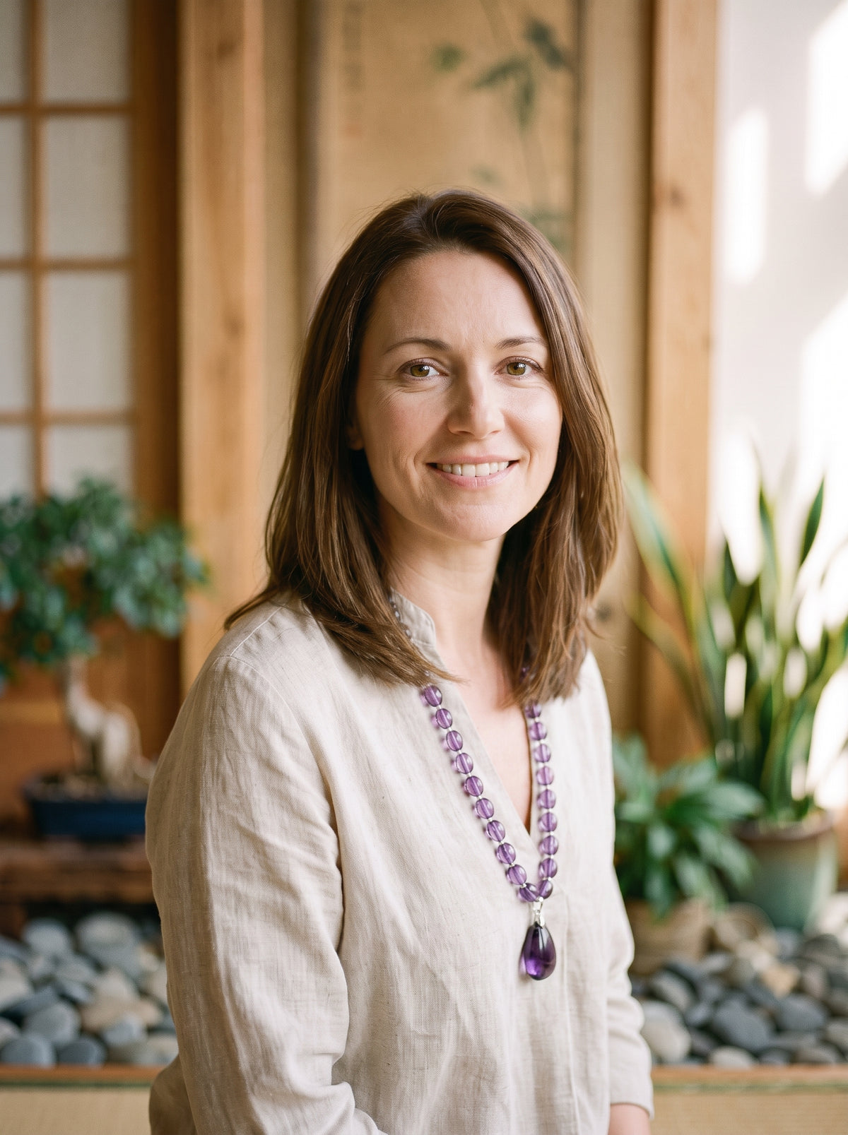 Femme souriante portant le collier cristal violet améthyste