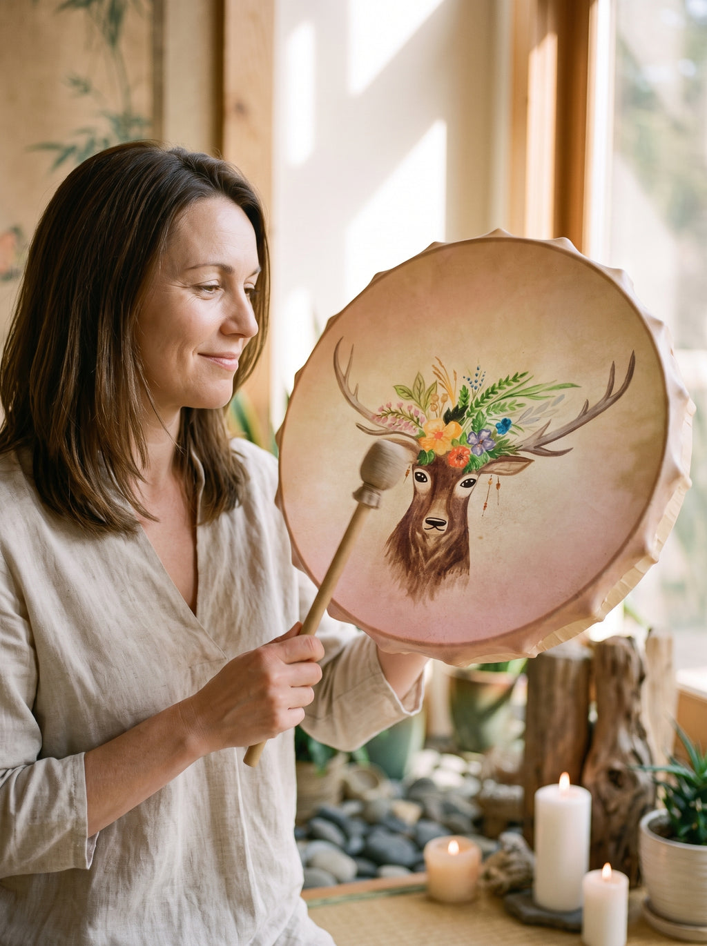 Femme souriante jouant le tambour chamanique cerf fleuri en séance zen