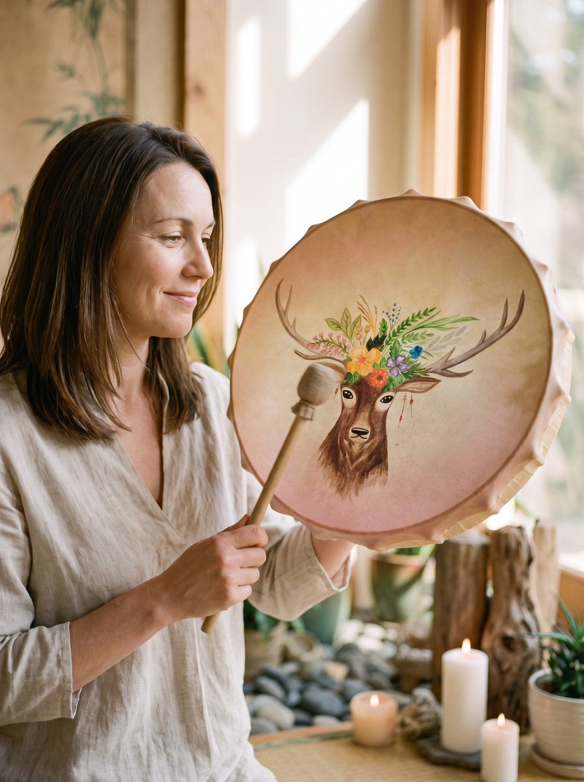 Femme souriante jouant le tambour chamanique cerf fleuri en séance zen
