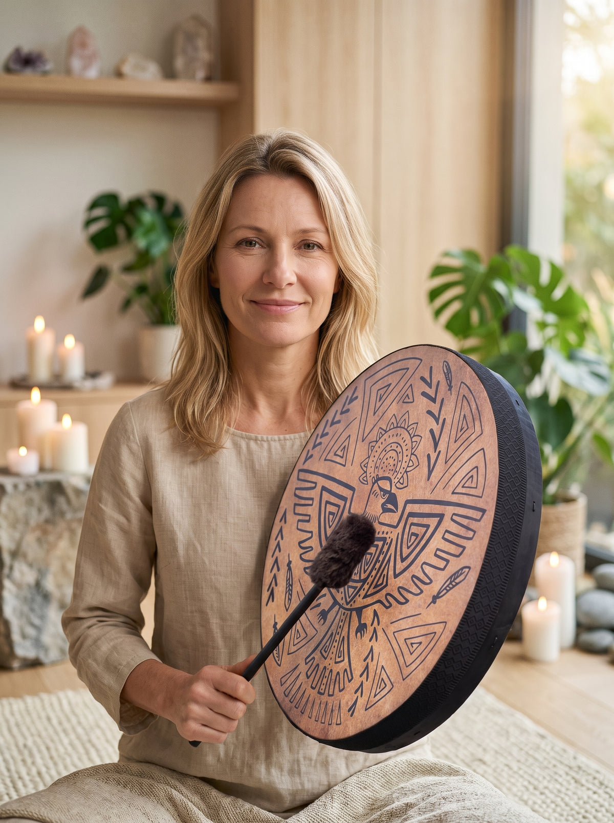 Femme souriante jouant le tambour chamanique aigle en séance zen