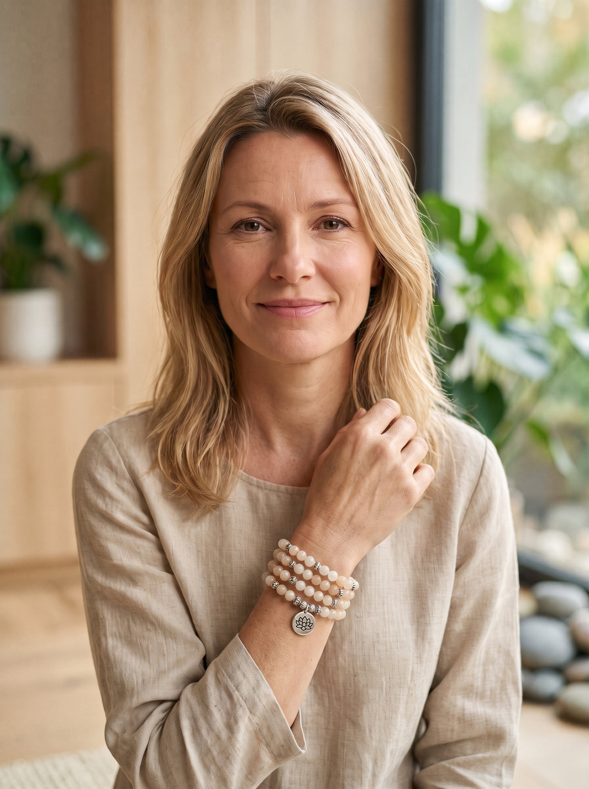 Femme souriante portant le bracelet mala en pierre de lune au poignet