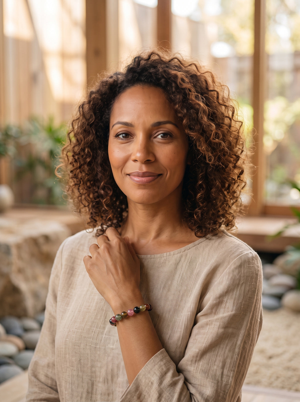 Femme souriante portant le bracelet en tourmaline multicolore