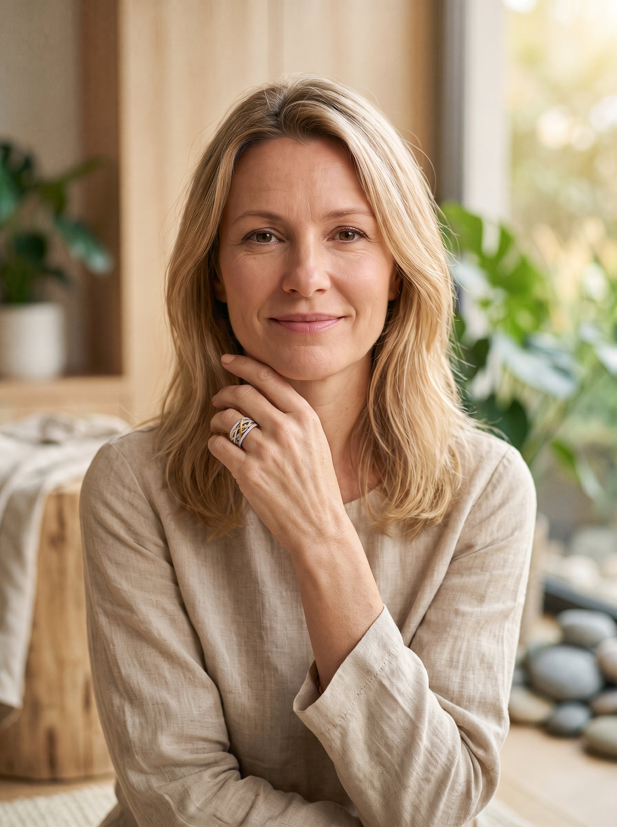 Femme souriante portant la bague infini pavée de zircons