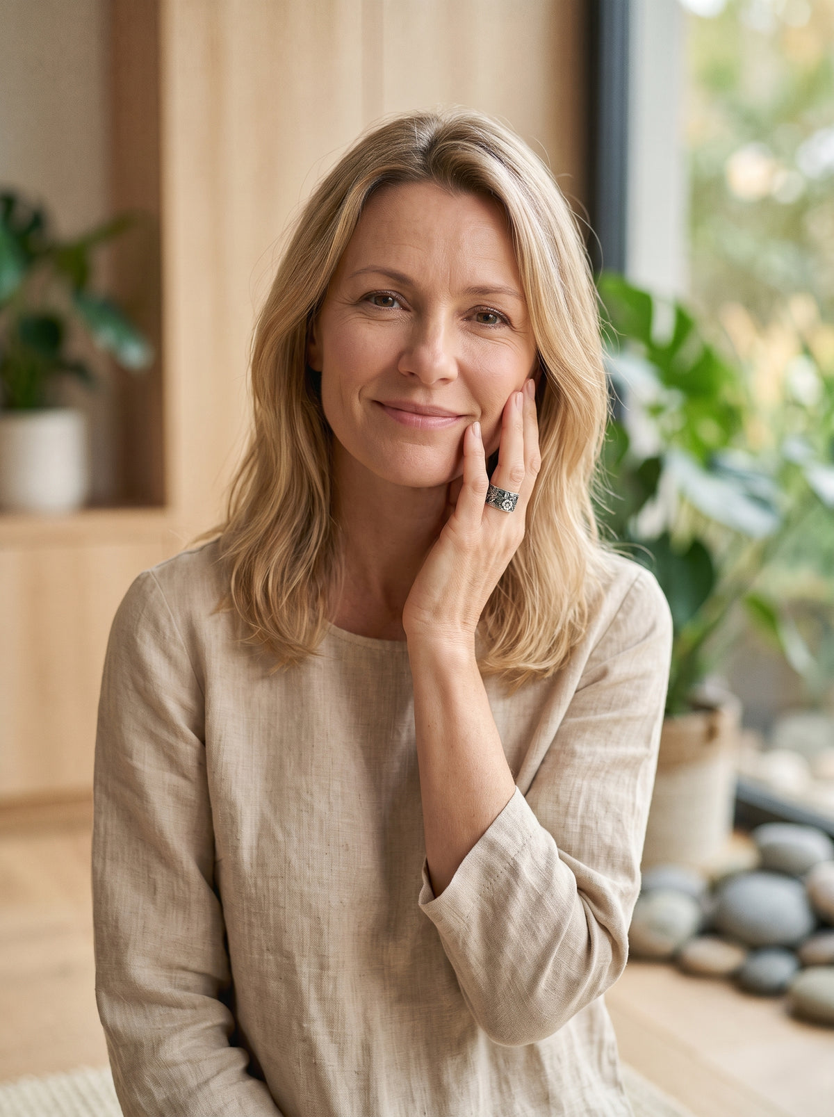 Femme souriante portant la bague fleur de pensée gravée