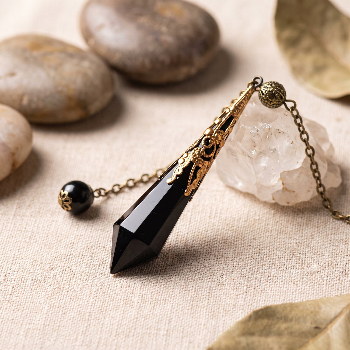 Pendule de radiesthésie en obsidienne noire, gros plan