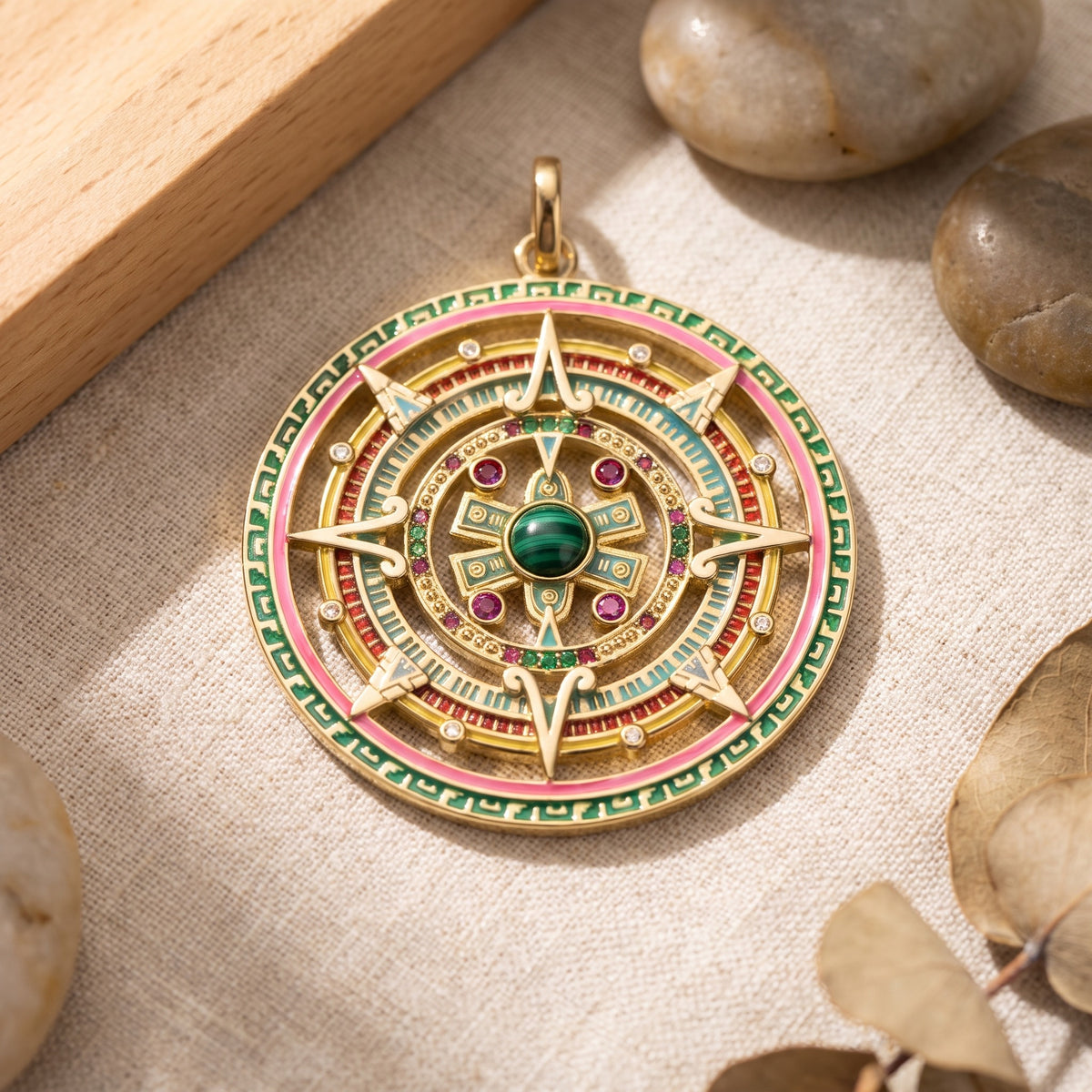 Pendentif Aztèque 5ème Soleil, Malachite