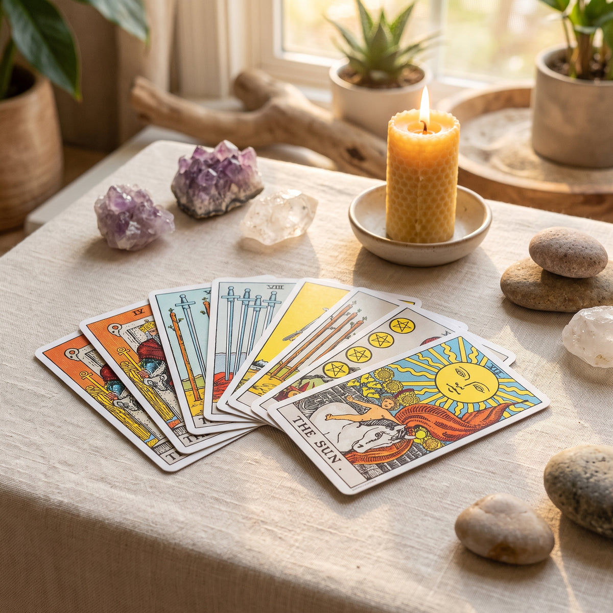 Jeu de tarot Rider-Waite-Smith en éventail dans un décor zen