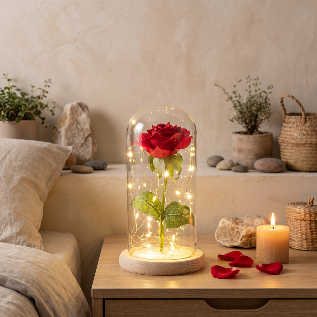 Rose eternelle sous cloche allumee dans une chambre romantique