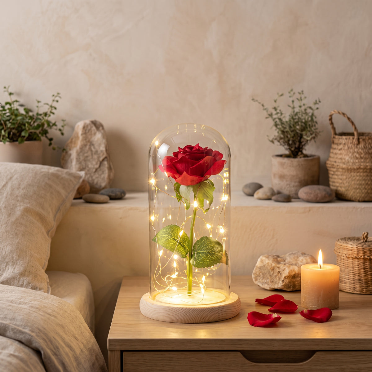 Rose eternelle sous cloche allumee dans une chambre romantique