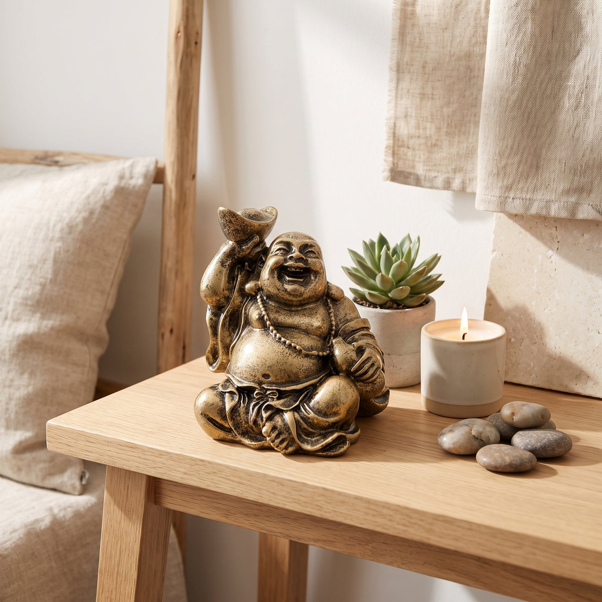 Statuette Bouddha rieur porte-bonheur dans un décor zen