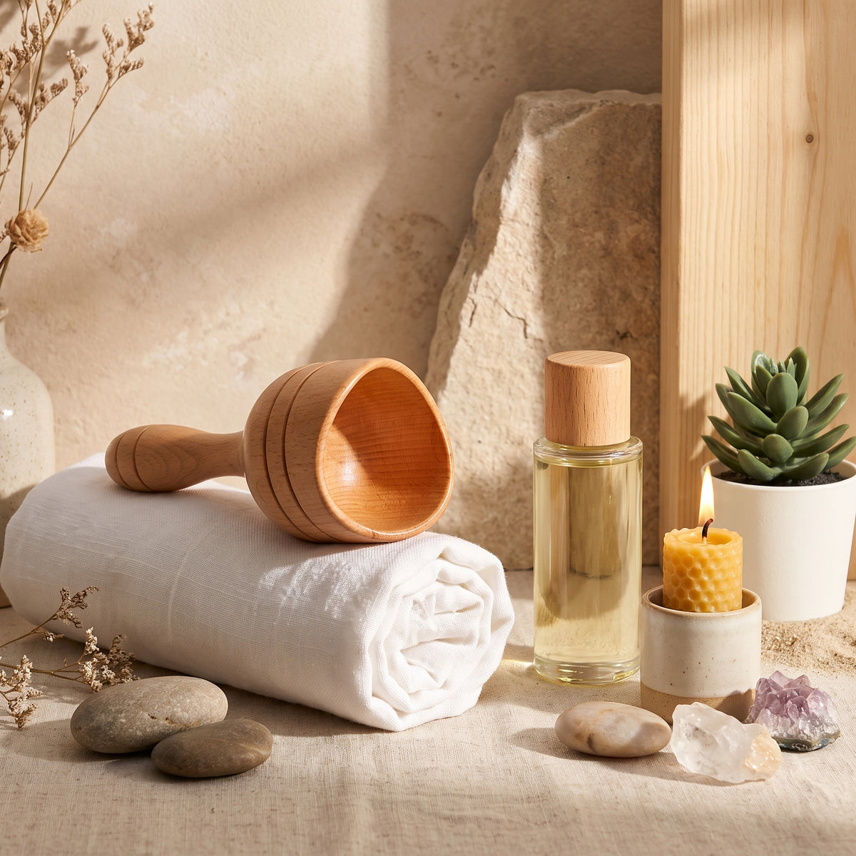 Coupe de massage en bois dans un decor spa zen