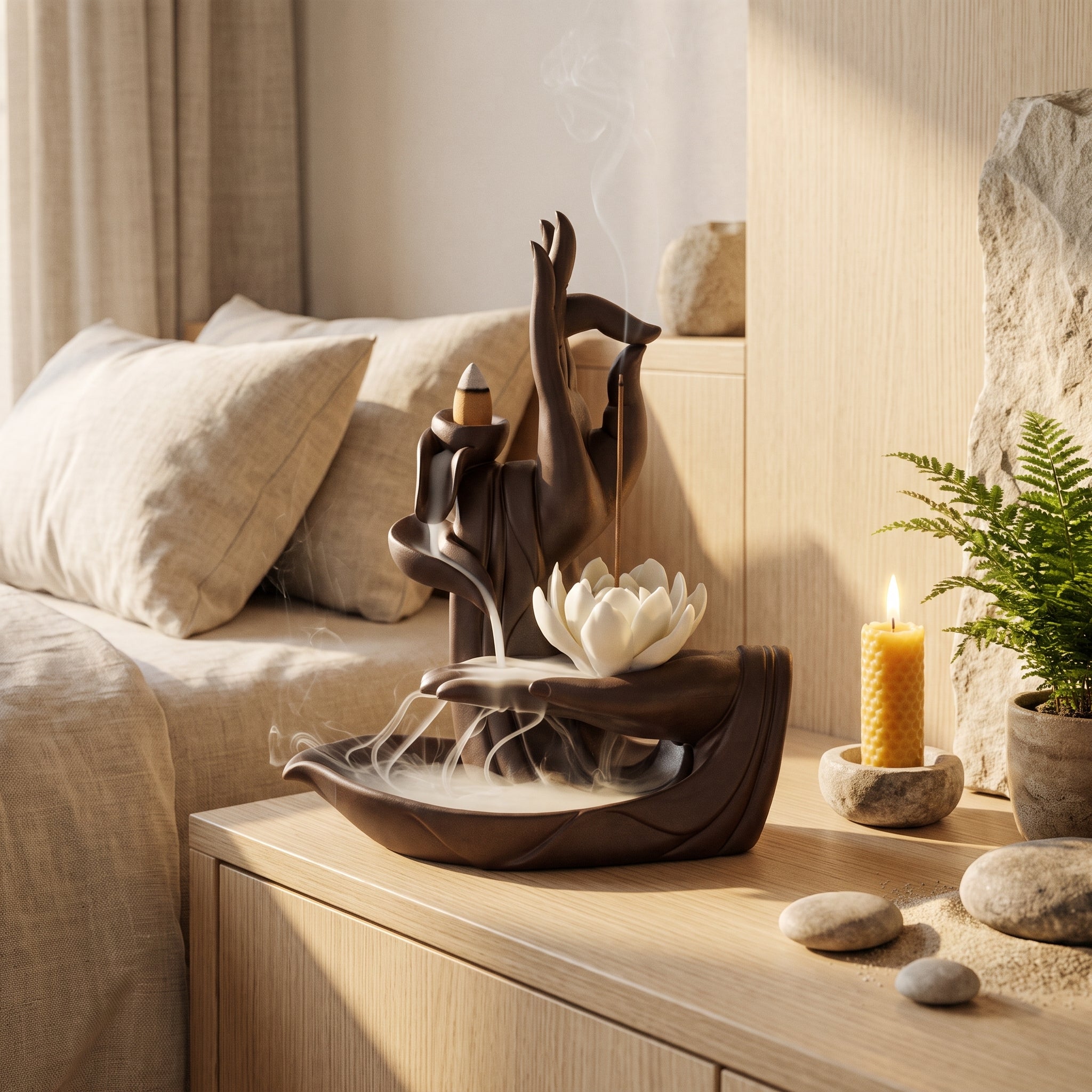 Cascade d'encens Bouddha fleur de lotus dans un intérieur zen Image