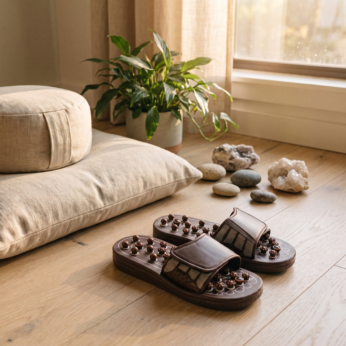 Pantoufles de massage dans un coin méditation zen