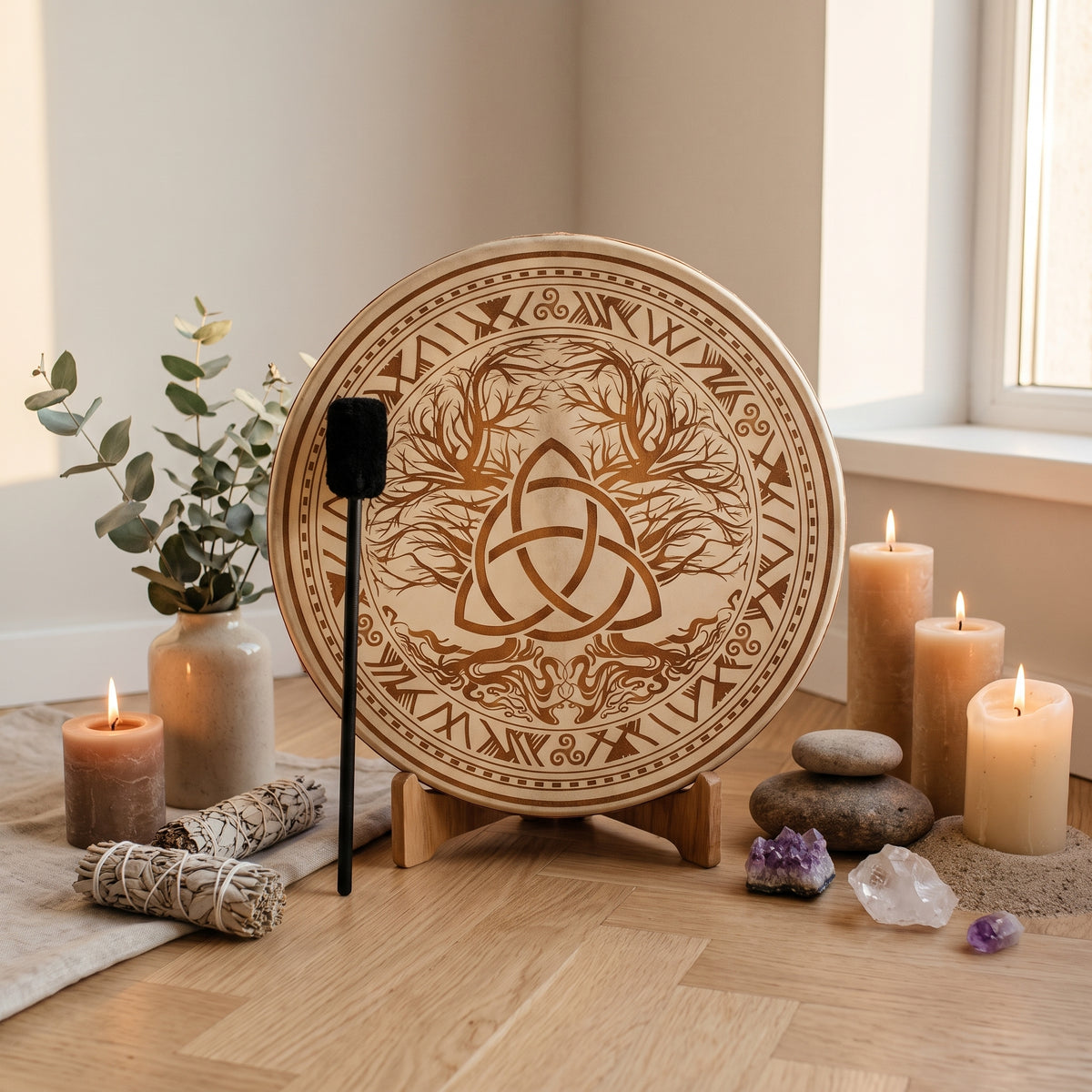 Tambour chamanique triquetra sur un autel de méditation
