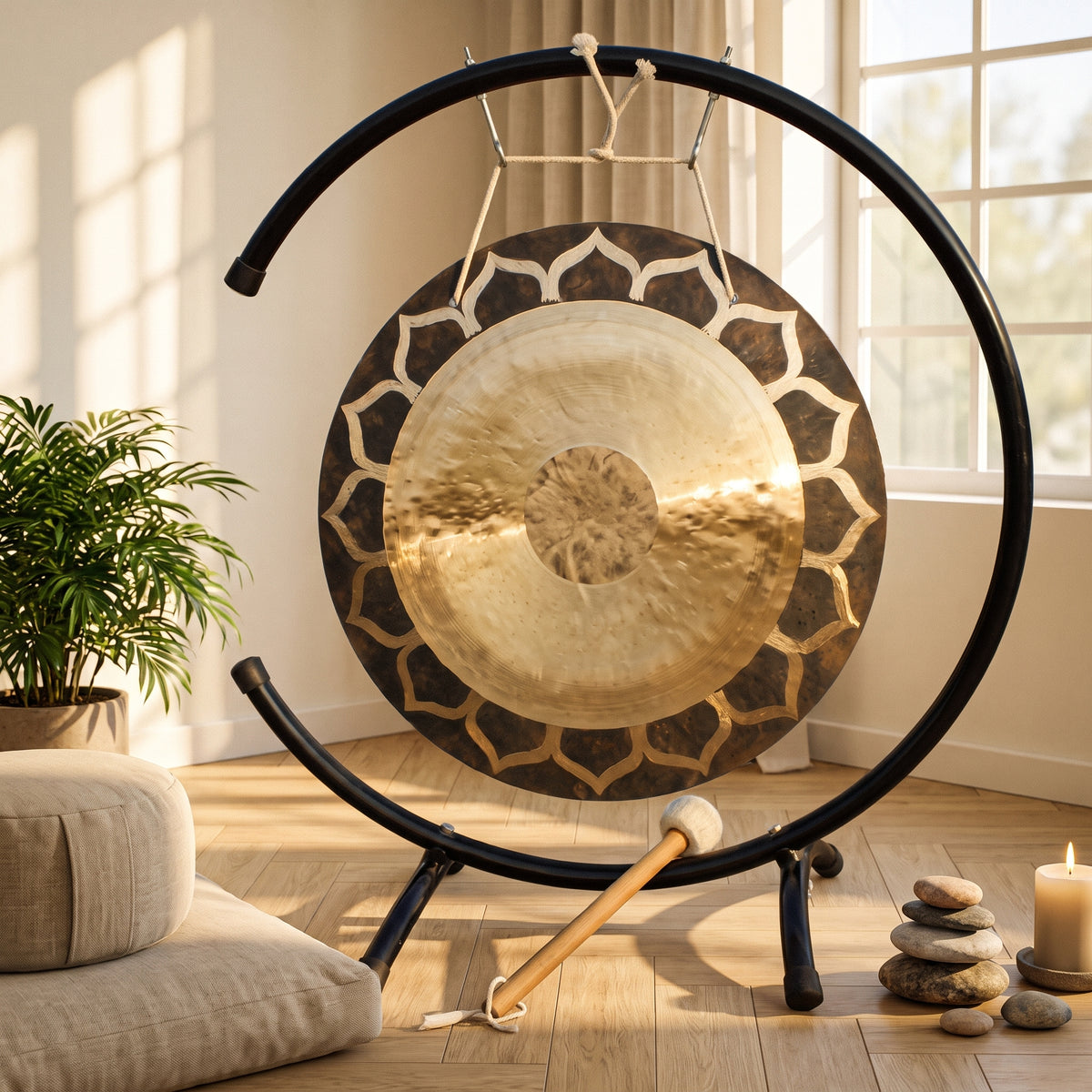 Gong tibétain fleur de lotus sur support dans une salle de méditation zen