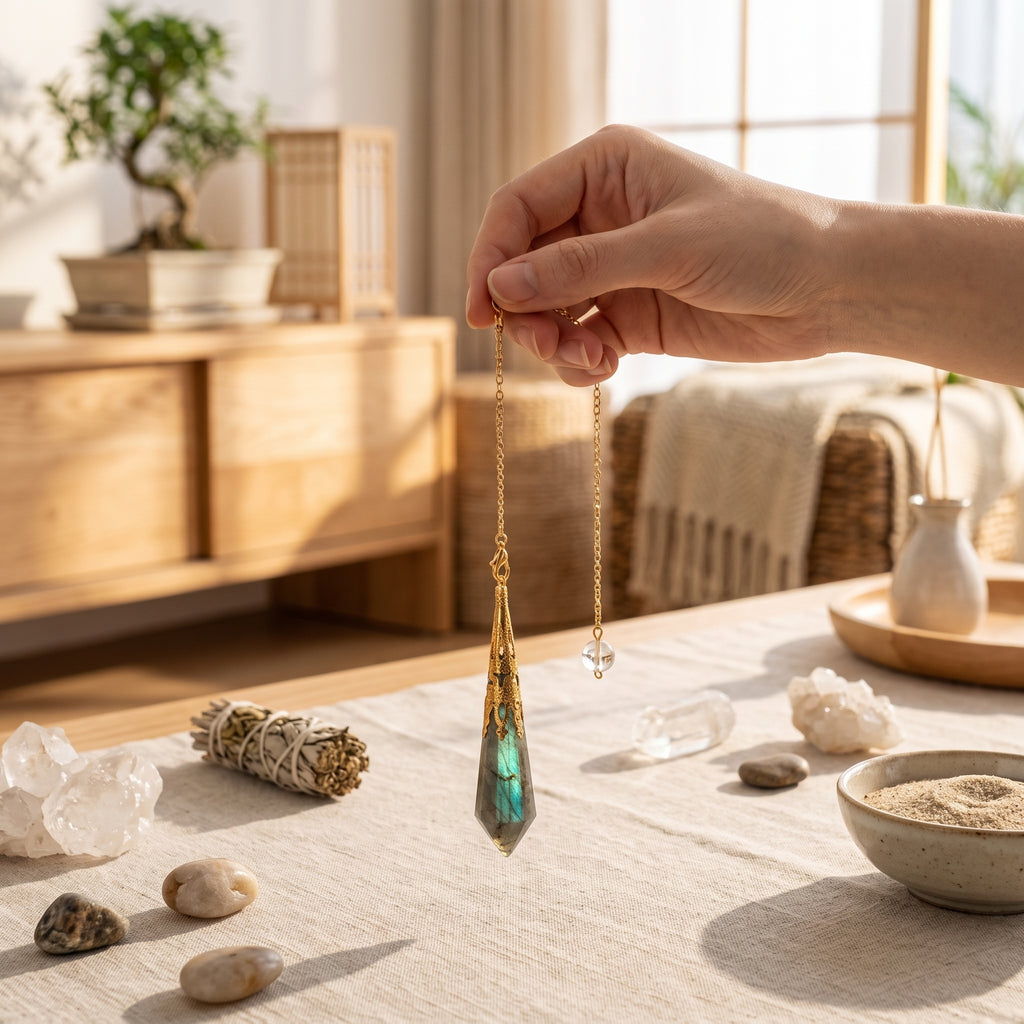 Pendule de radiesthésie en labradorite tenu au-dessus de cristaux