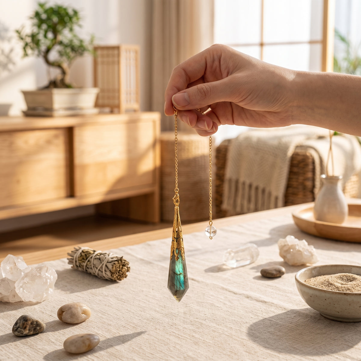 Pendule de radiesthésie en labradorite tenu au-dessus de cristaux