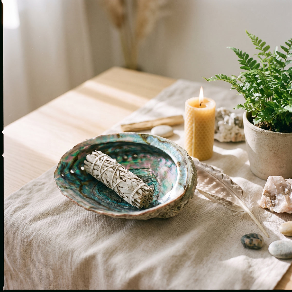Coquille d'abalone en coupelle de fumigation avec sauge dans un décor zen
