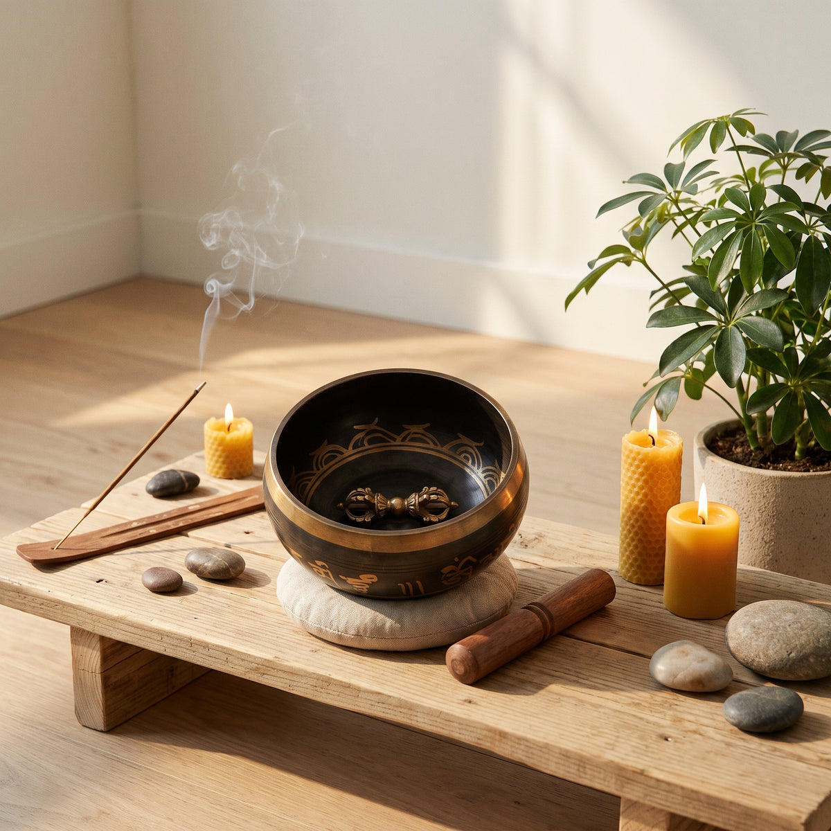 Bol chantant tibétain sur un autel de méditation