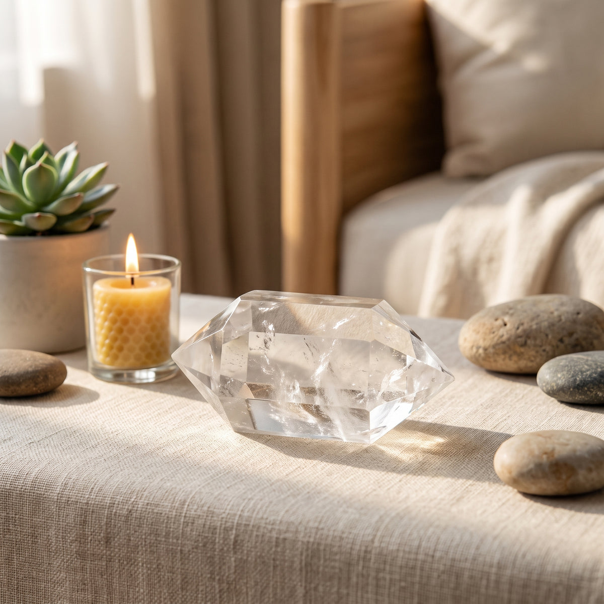 Cristal de roche biterminé dans un décor zen lumineux