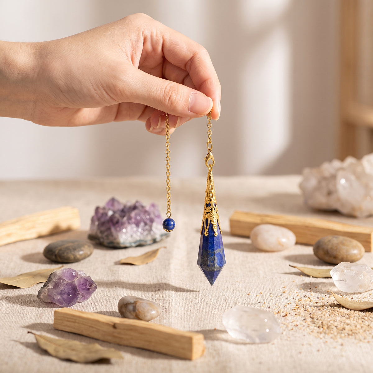 Pendule de radiesthésie tenu au-dessus de cristaux dans un décor zen