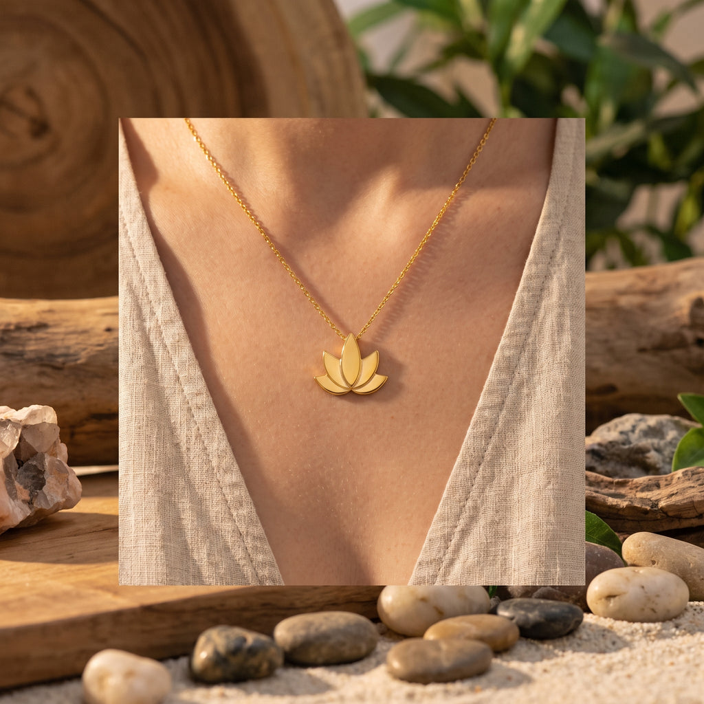 Pendentif fleur de lotus doré porté au décolleté