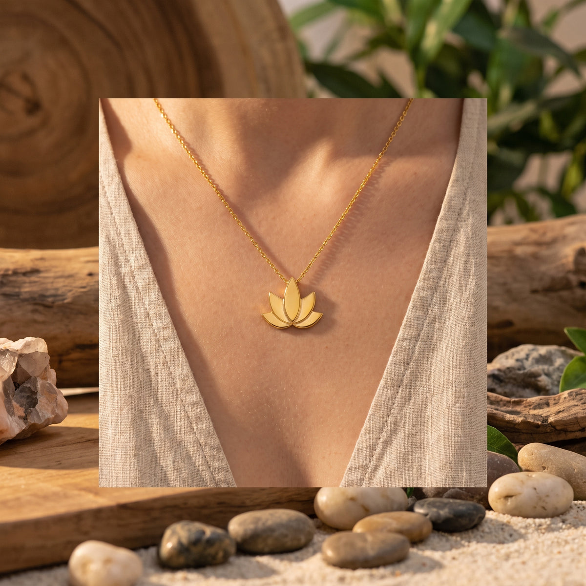 Pendentif fleur de lotus doré porté au décolleté