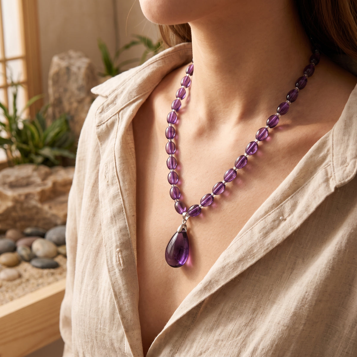Collier cristal violet améthyste porté au décolleté