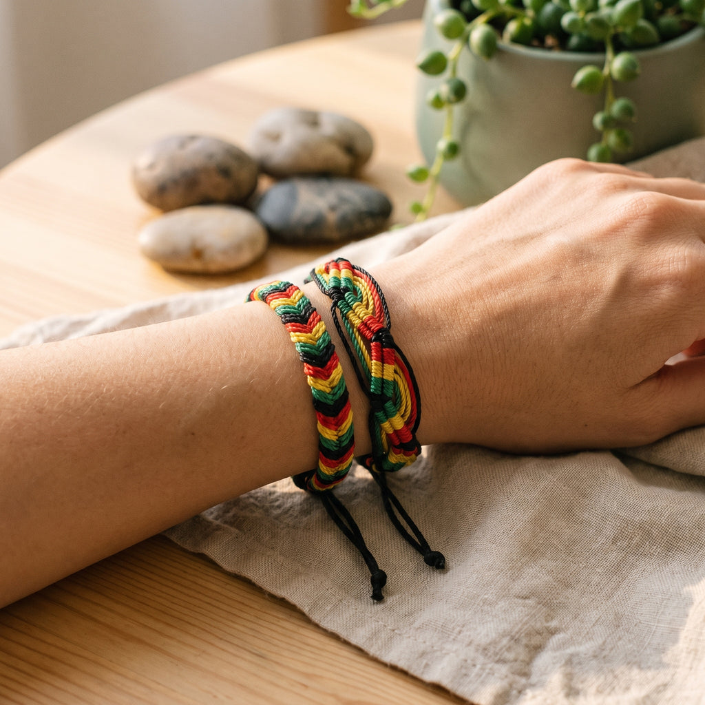 Bracelets brésiliens Rasta portés au poignet, gros plan sur le fil tressé