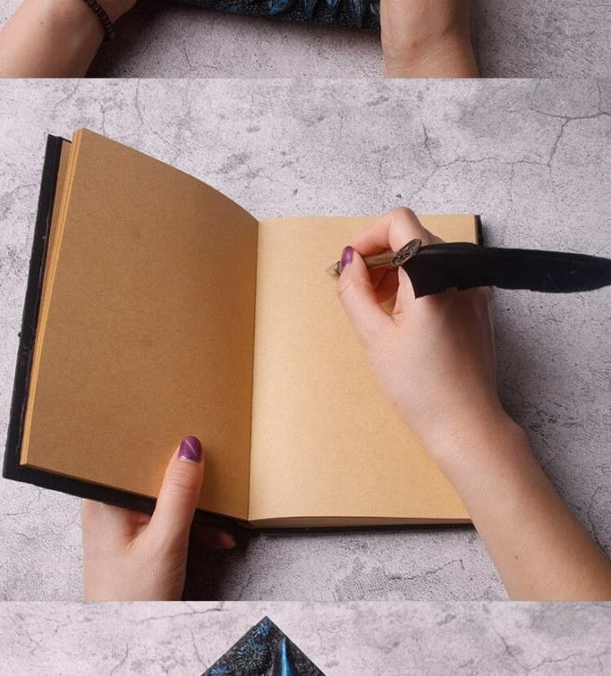 Pages beiges du carnet de notes dragon ouvertes près d’une plume et d’un encrier