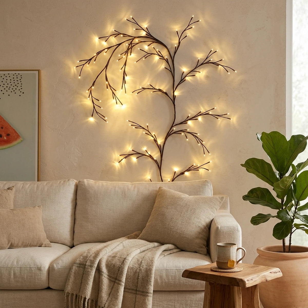 Lampe murale arbre de vigne allumée au-dessus d'un canapé en lin, intérieur cocooning avec plaid et plante verte