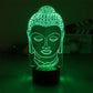 Lampe d'ambiance LED 3D avec visage de bouddha sur fond vert sombre