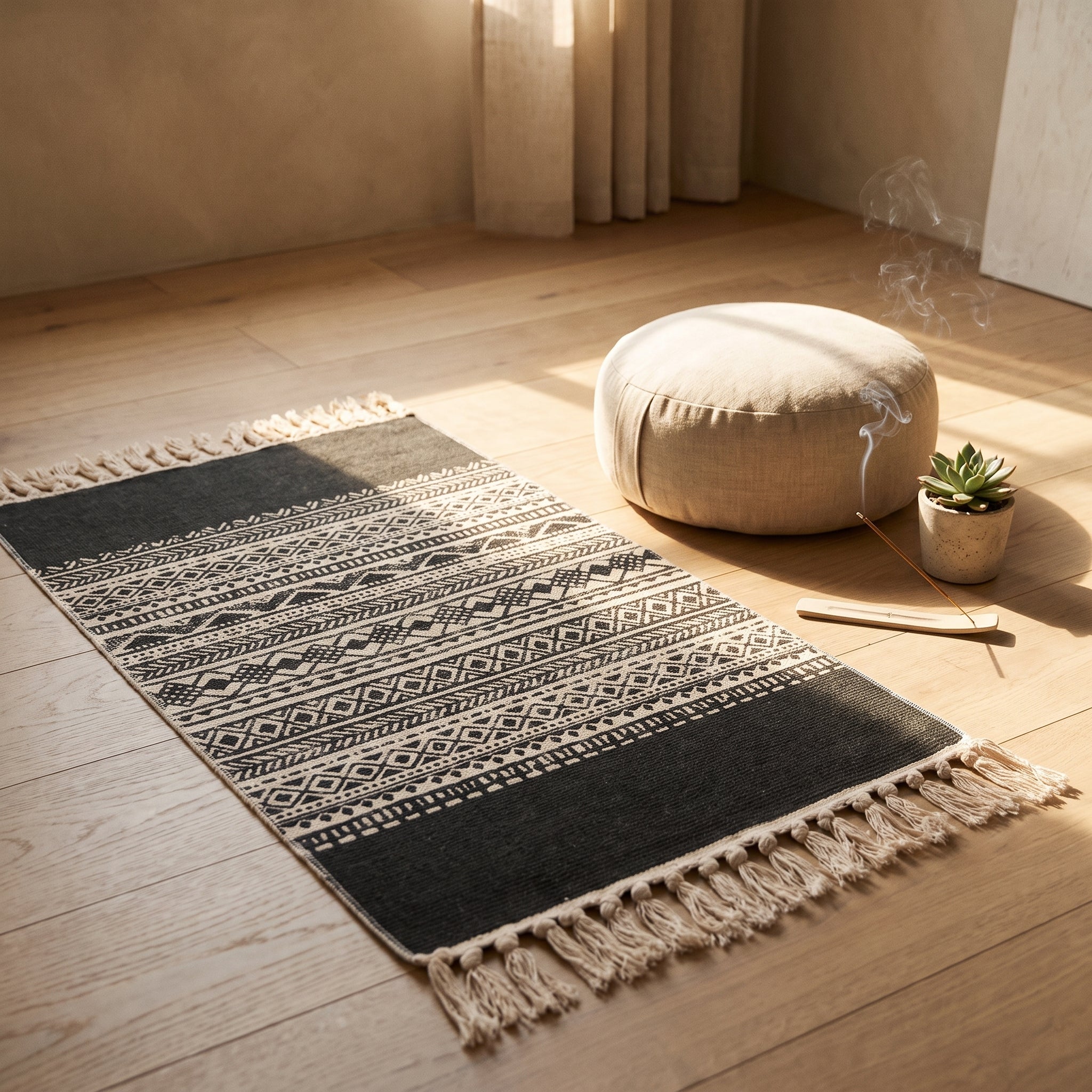 Tapis de meditation kilim turc dans un coin zen avec coussin et encens Image