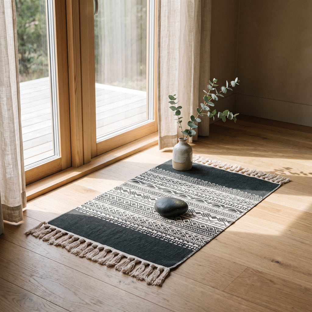 Tapis kilim turc devant une fenetre, avec galet et eucalyptus
