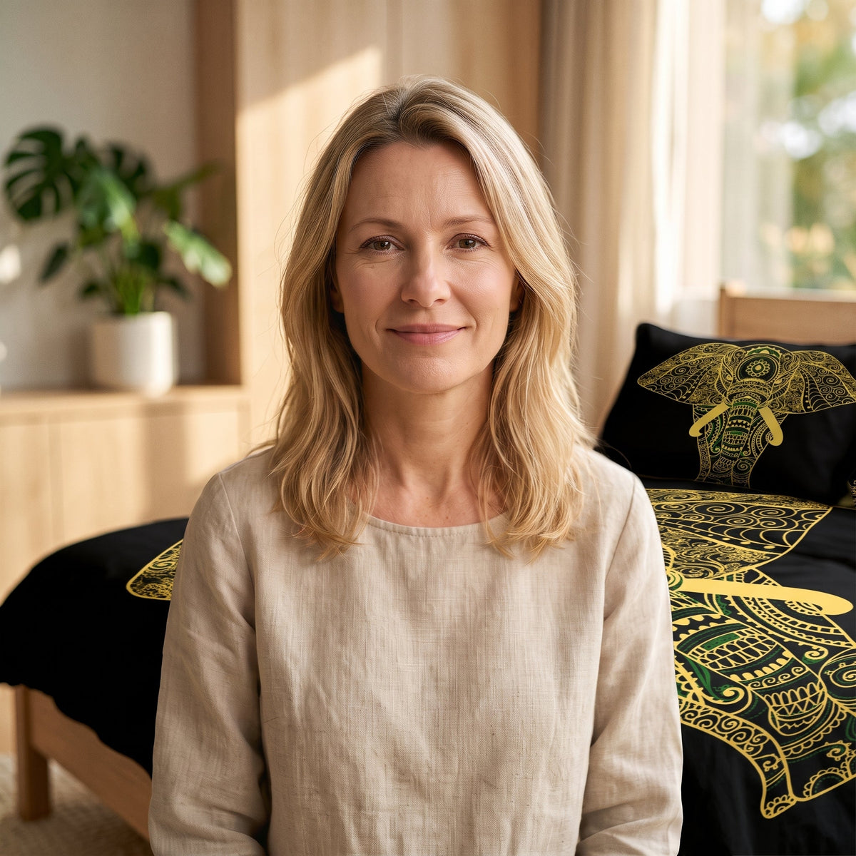 Femme souriante dans une chambre zen avec la housse de couette elephant noir et or sur le lit