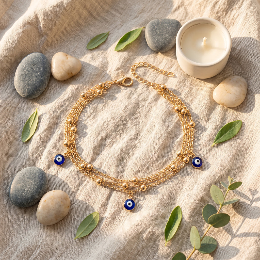 Bracelet de cheville œil turc Or, composition lifestyle sur lin avec galets et bougie