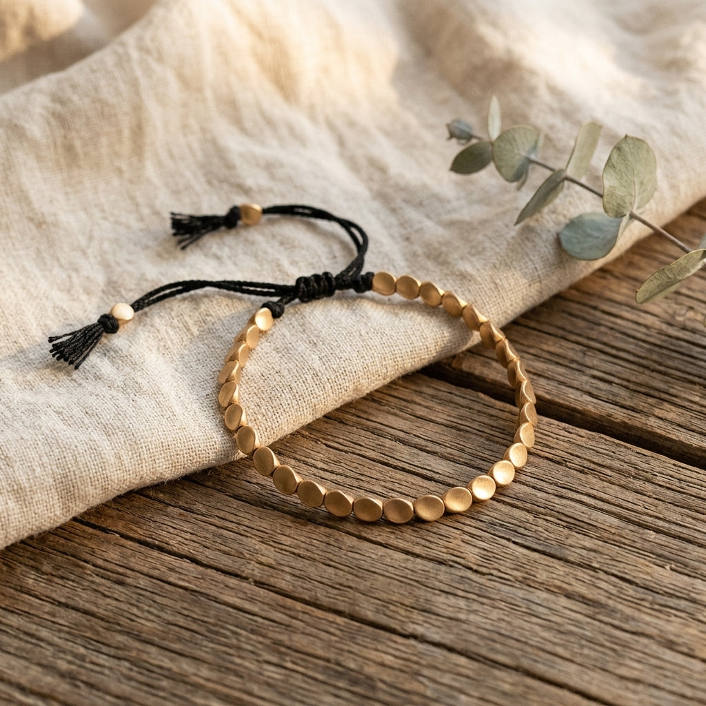Bracelet cuivre cordon noir sur bois et lin Image
