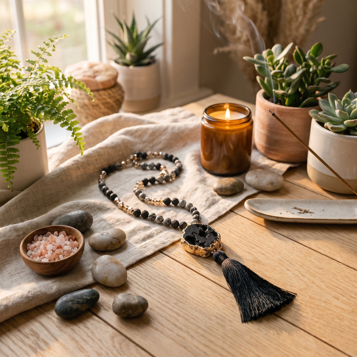 Collier géode agate noire en mise en scène zen avec bougie, encens et plantes