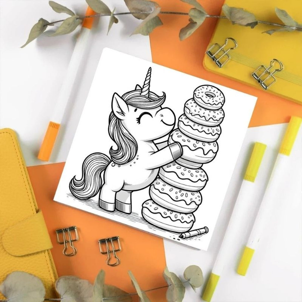 Dessin de licorne avec une pile de pâtisseries à colorier