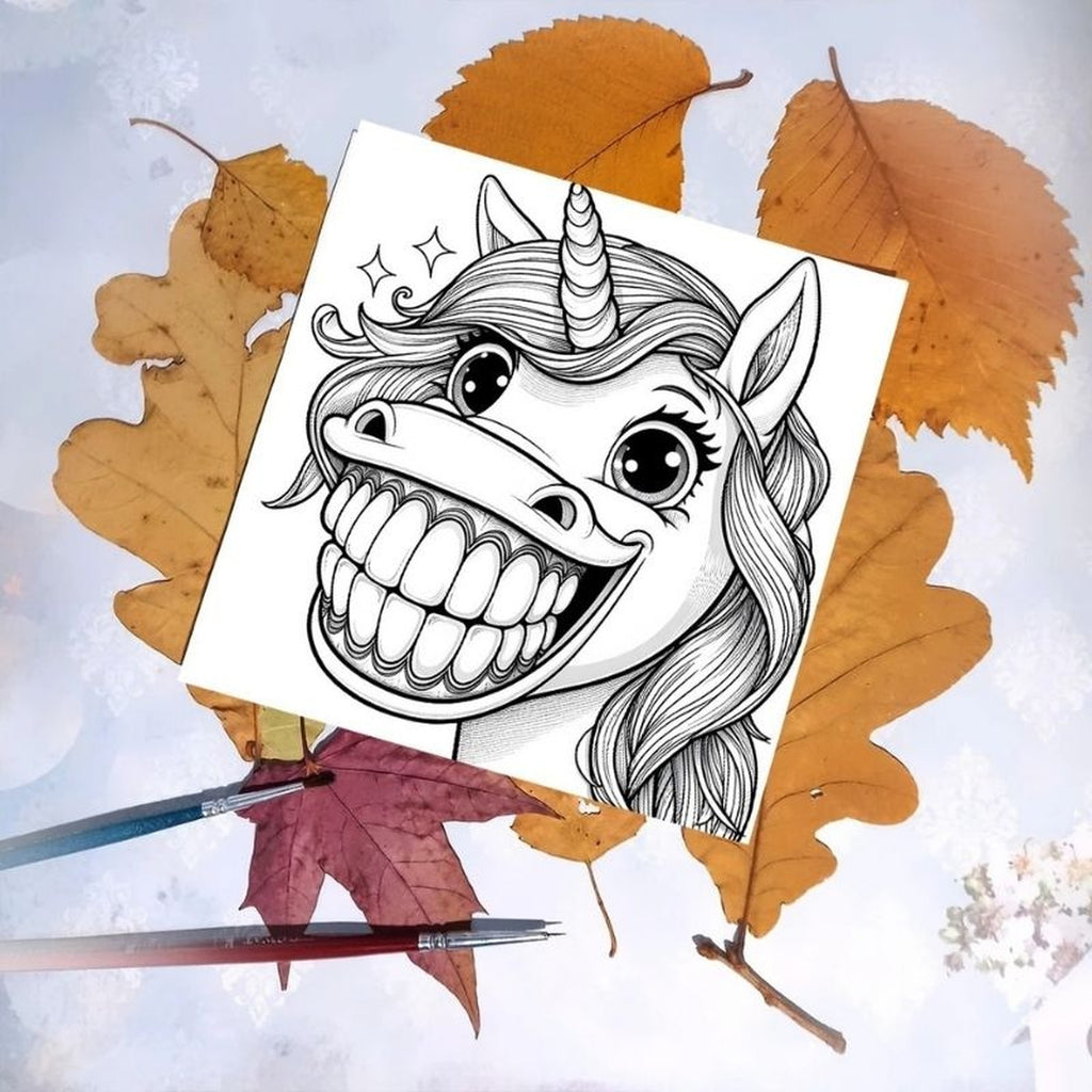 Portrait humoristique de licorne à colorier avec feuilles et pinceaux