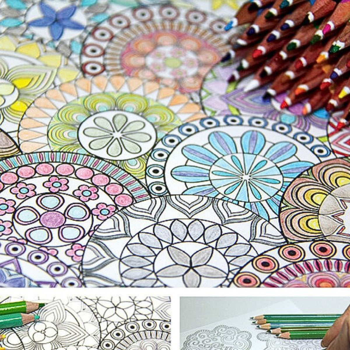 Mandalas colorés et crayons, inspiration créative